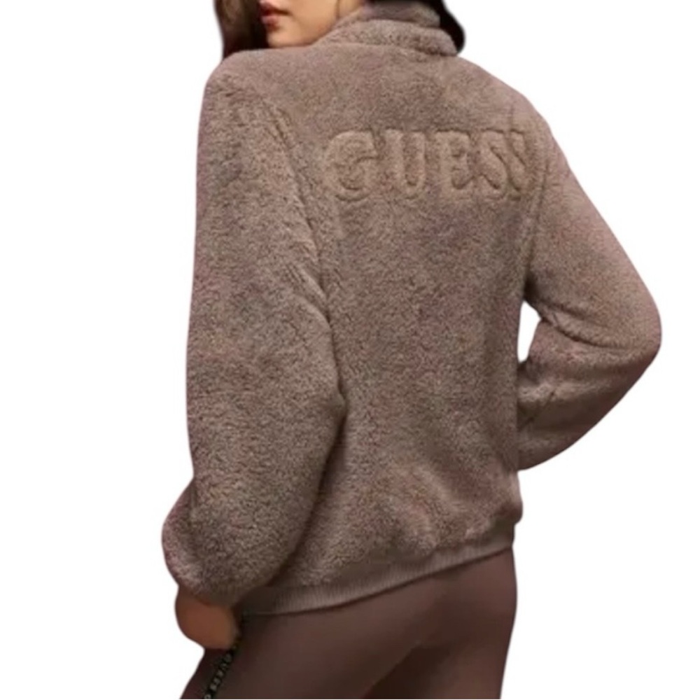 GUESS Women’s Brown Teddy Jacket Full Zip Cozy Fleece Fuzzy Size Large EUC